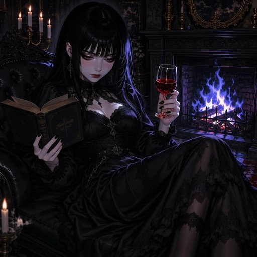 A pale anime woman with long black hair sits on a sofa holding an open book and a glass of red wine, illuminated by candles and a blue-flamed fireplace.