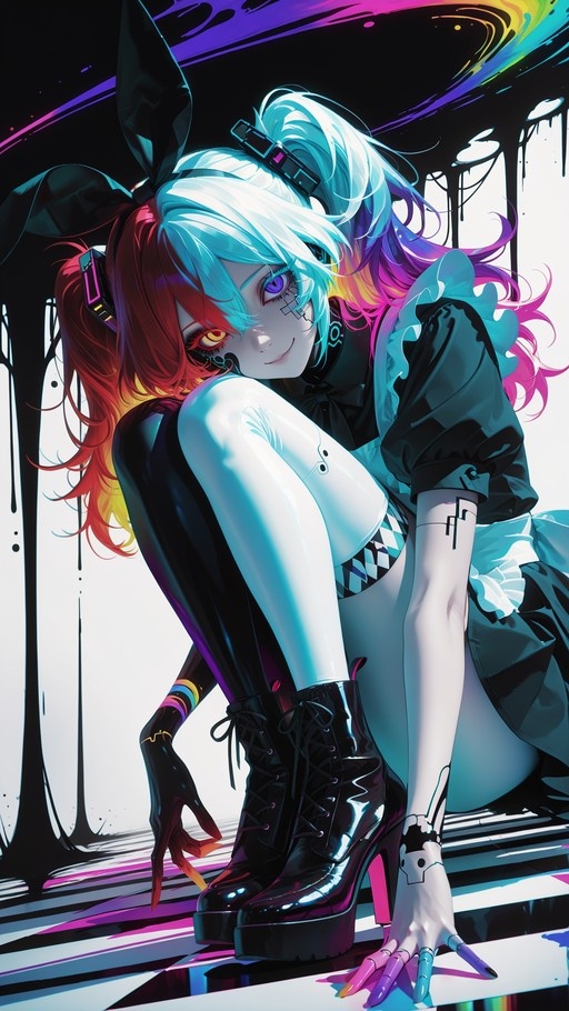 Split-themed anime girl with heterochromia, two-tone red and blue hair, bunny ears, and a mechanical arm posing in a maid outfit