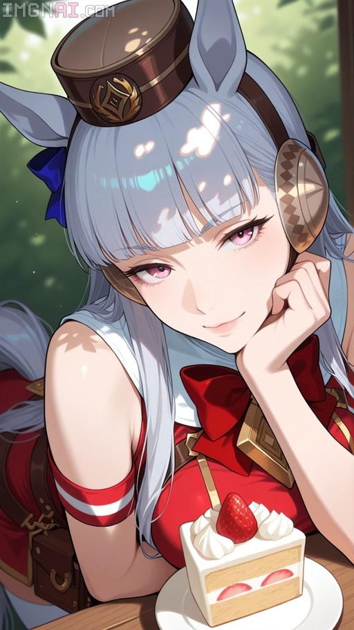 A silver-haired anime girl with horse ears and a brown hat smiles while leaning on her hand next to a slice of strawberry shortcake.