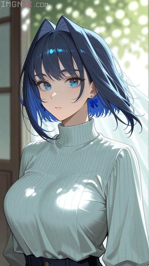 Ouro Kronii with blue hair and eyes wearing a white turtleneck sweater and blue bow earrings.