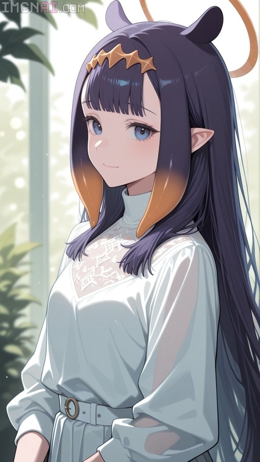 Anime-style portrait of Ninomae Ina'nis with long purple and orange hair, wearing a white dress and looking at the viewer.