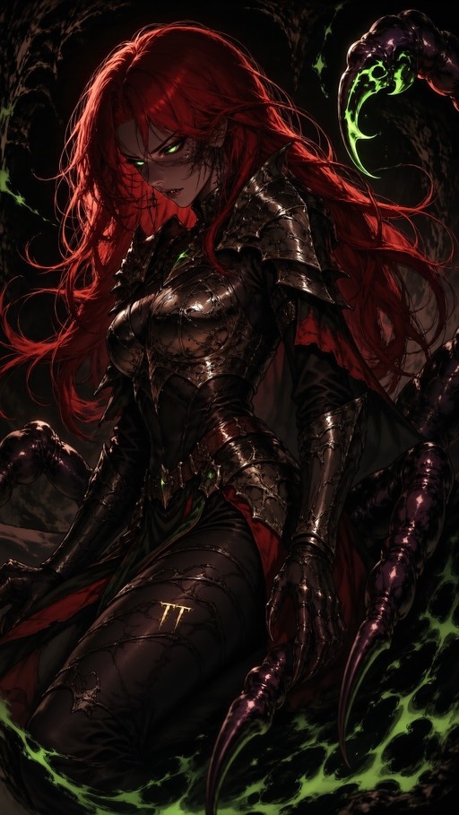 A digital illustration of a female warrior with long red hair and glowing green eyes, wearing intricate black spiked armor in a dark cave setting.