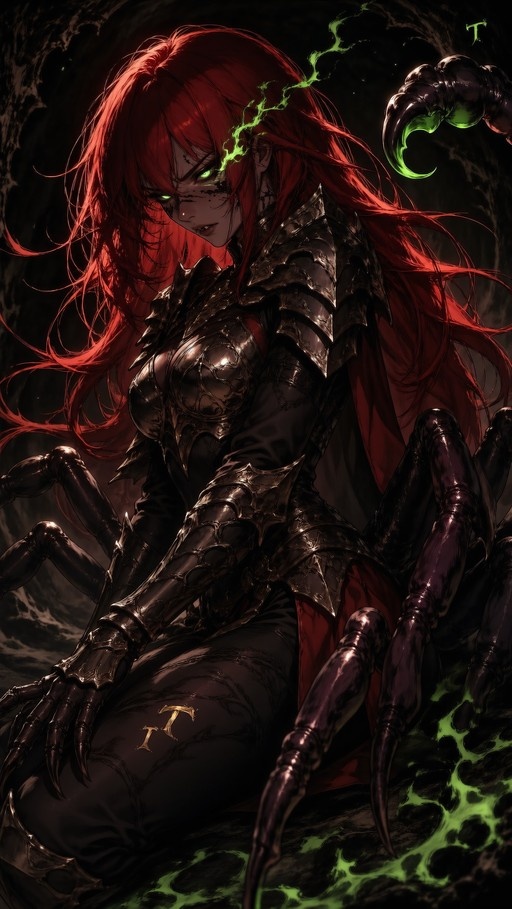 Red-haired arthropod girl in dark armor with multiple insect legs and glowing green eyes.