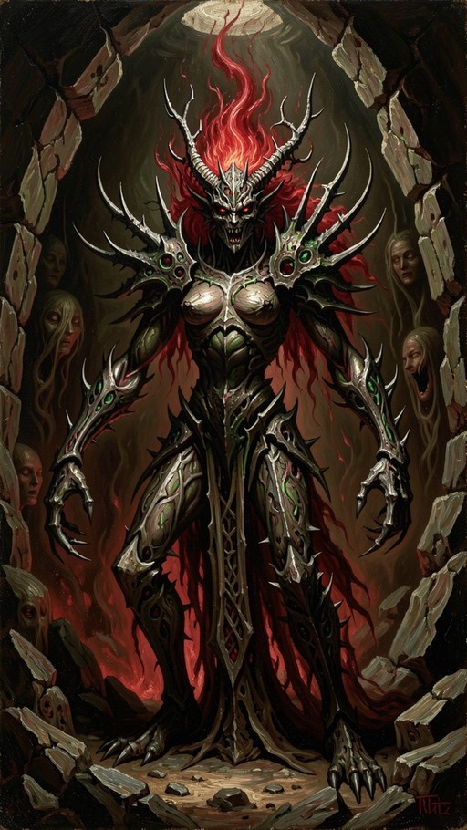 A green-skinned demoness with large curved horns and fiery red hair stands in a rocky cave wearing intricate spiked armor with glowing green gems.