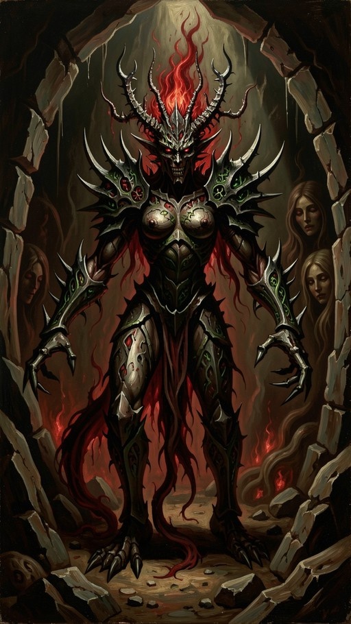 A tall armored demon woman with red hair and glowing eyes stands in a rocky cave entrance while ghostly figures watch from the background.