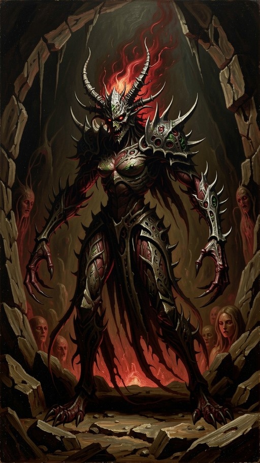 A full-body digital illustration of a towering demon lord with red skin and large curved horns standing in a dark stone cave. The figure wears intricate spiked silver armor with glowing green gems on the shoulders and holds massive claws, while ghostly faces watch from the shadows behind it.