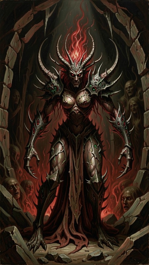 A full-body illustration of a tall female demon with large curved horns and flaming red hair standing in a dark stone ruin. She wears intricate spiked armor with green accents and has glowing red eyes while surrounded by ghostly figures in the background.