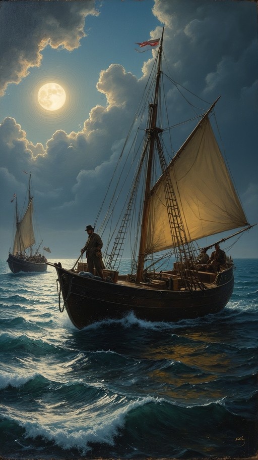 A large wooden sailing ship with billowing sails navigates choppy blue waters under a bright full moon, with another vessel visible in the distance and crew members standing on deck.