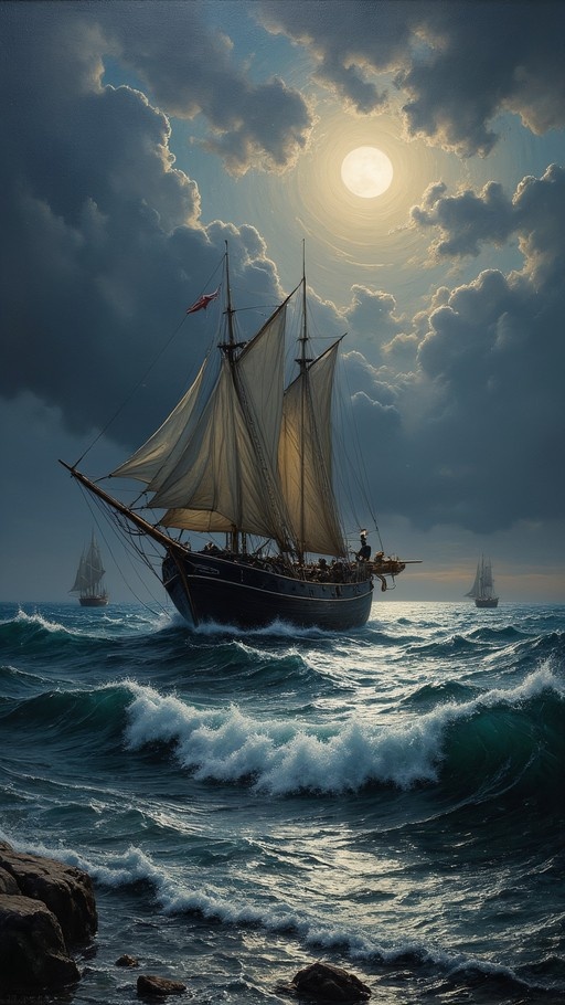 A large sailing ship with white sails navigates rough turquoise waters under a cloudy night sky illuminated by a bright full moon, with distant ships and rocks visible.
