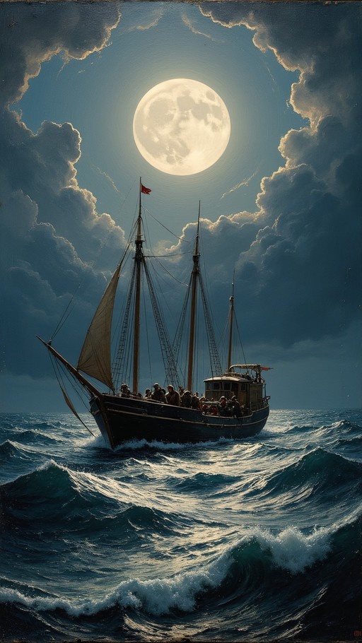 A large multi-masted sailing ship cuts through choppy waves under a massive full moon surrounded by clouds.