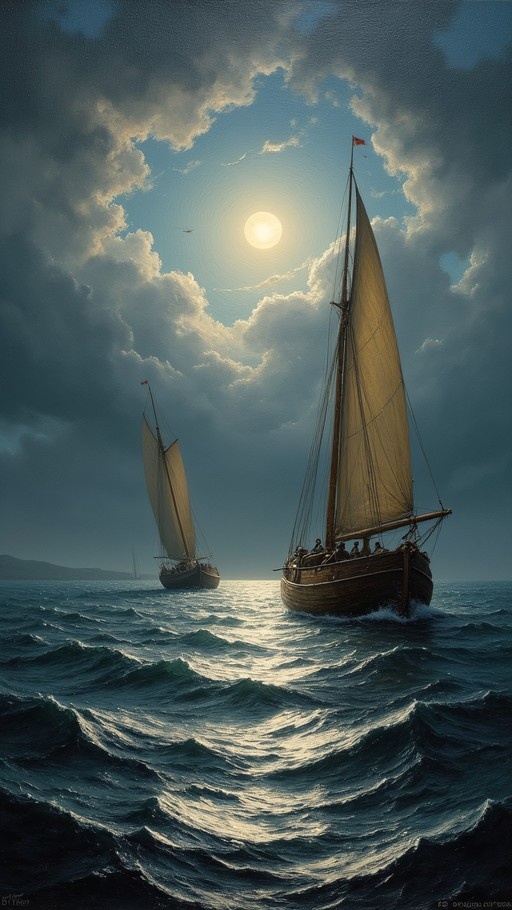 Two wooden sailing ships navigate choppy blue waters under a dramatic cloudy sky illuminated by a bright full moon.