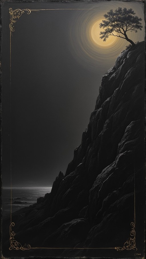 A digital illustration of a steep rocky cliff overlooking an ocean at night, with a solitary tree silhouetted against a large glowing full moon and framed by an ornate gold border.
