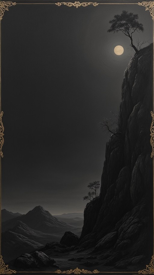 A vertical digital painting showing a dark mountainous landscape at night with a full moon illuminating a tree-lined cliff face, framed by an intricate golden border.