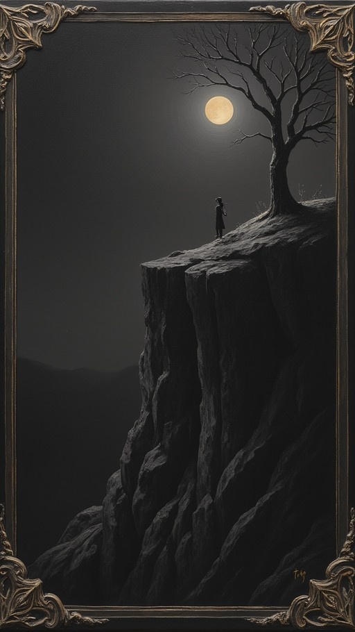 A digital painting of a lone figure standing on a cliff edge next to a bare tree under a full moon, framed in gold.