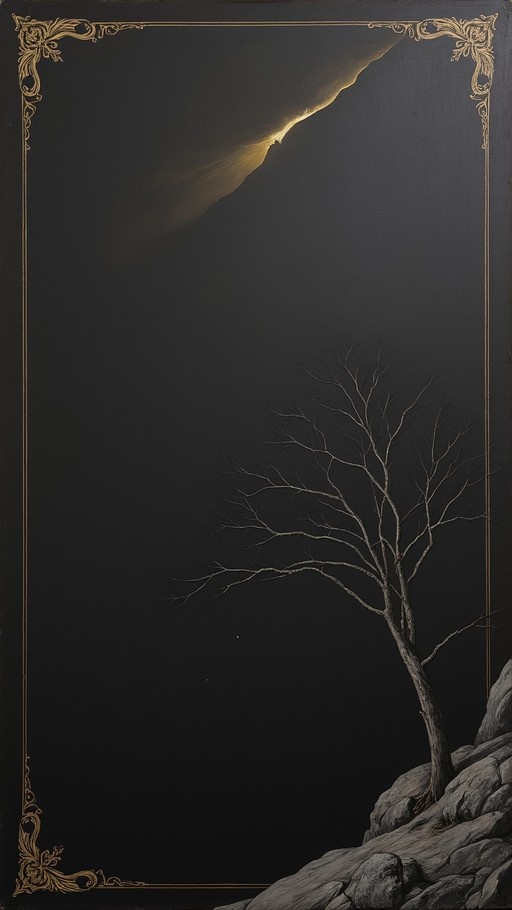 A bare tree stands on a rocky slope under a dark sky, framed by an ornate golden border with a sliver of light at the top.
