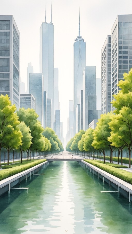 A digital painting of a city street with a canal running through it, lined with bright green trees and tall skyscrapers in the background.