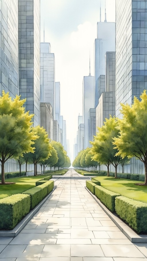 A digital painting of a long paved walkway lined with green trees and hedges, leading towards tall skyscrapers under a bright sky.