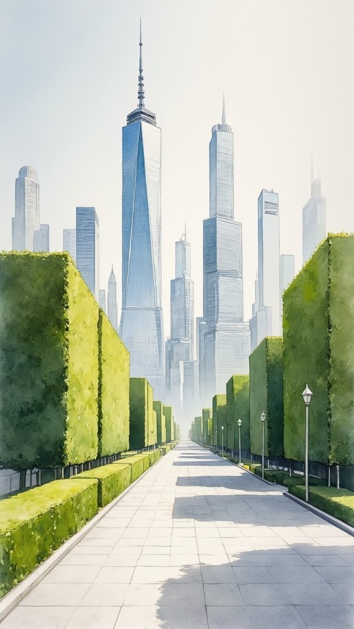 A paved path lined with tall green hedges leads toward a background of towering modern skyscrapers under a bright sky.