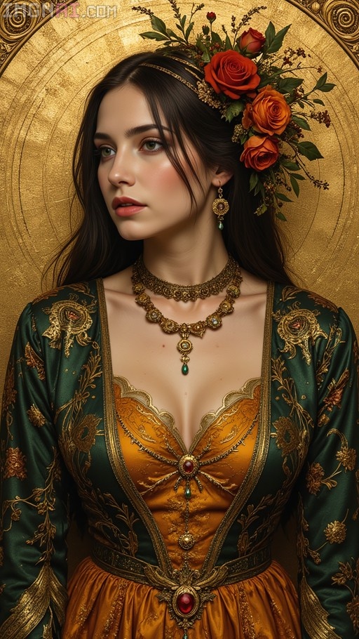 Portrait of a dark fantasy queen in an ornate gold and green gown with a floral headpiece, set against a textured golden background.