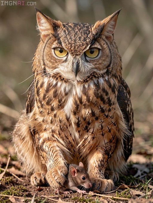 A large brown and white owl with bright yellow eyes looks forward while holding a small mouse in its talons on the ground.
