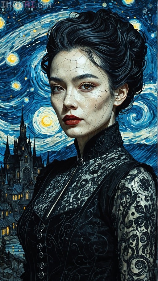 A woman with cracked porcelain skin and red lips stands before a swirling blue sky resembling Van Gogh's Starry Night, with a gothic castle in the background.