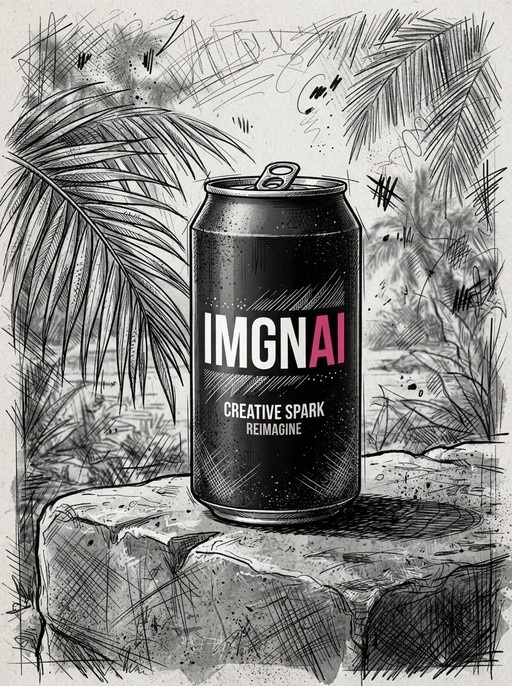 A monochrome sketch of a soda can labeled "Creative Spark Reimagine" sitting on a rock with palm leaves in the background.