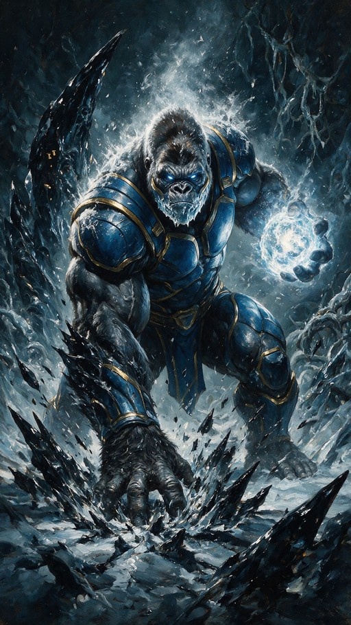 A massive armored ape with glowing blue eyes stands in a frozen landscape, reaching toward jagged ice shards while holding a sphere of magical energy.