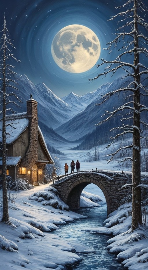 Three figures standing on a stone arch bridge over a river in a snowy winter valley with a large full moon and mountains in the background.
