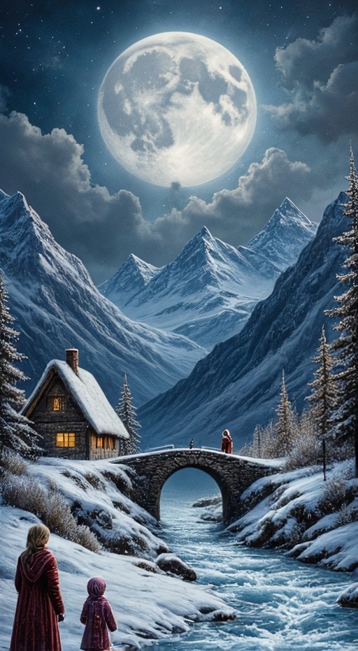 Two figures wearing red hooded coats stand in the foreground observing a snow-covered valley featuring a stone bridge, a lit wooden cabin, and towering mountains illuminated by a large full moon.