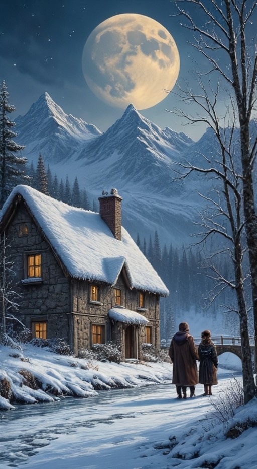 A couple stands on a snowy path looking at a lit stone house in the mountains under a large full moon.