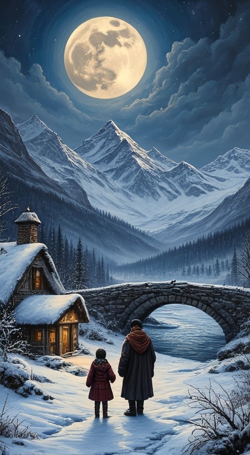 Two people in winter coats standing on a snowy path looking at a stone bridge and snow-covered mountains under a full moon.