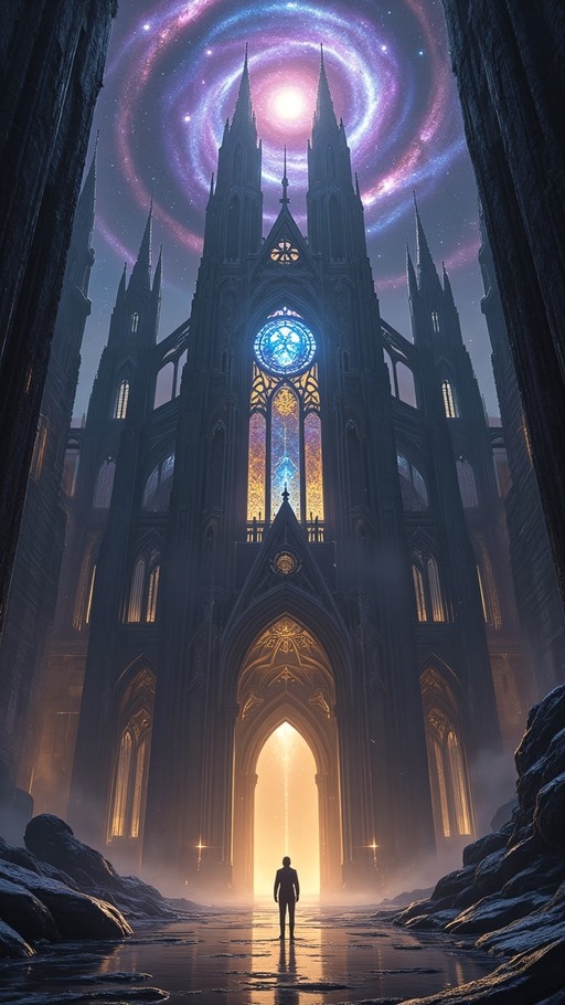A lone silhouette stands on wet ground facing a massive gothic cathedral with glowing stained-glass windows, set beneath a swirling purple and pink galaxy in the night sky.