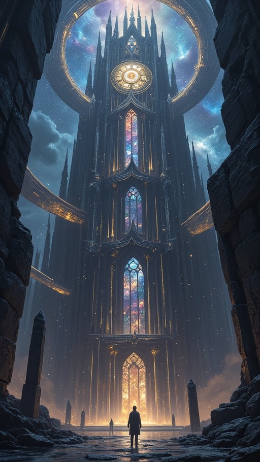 A silhouetted figure stands on a wet stone path looking up at a towering dark gothic cathedral with glowing stained-glass windows and a starry galaxy visible through an archway above.