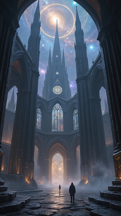 Two figures stand on a stone floor looking up at a towering gothic cathedral with stained glass windows and spires, set against a backdrop of a swirling galaxy and starry night sky.