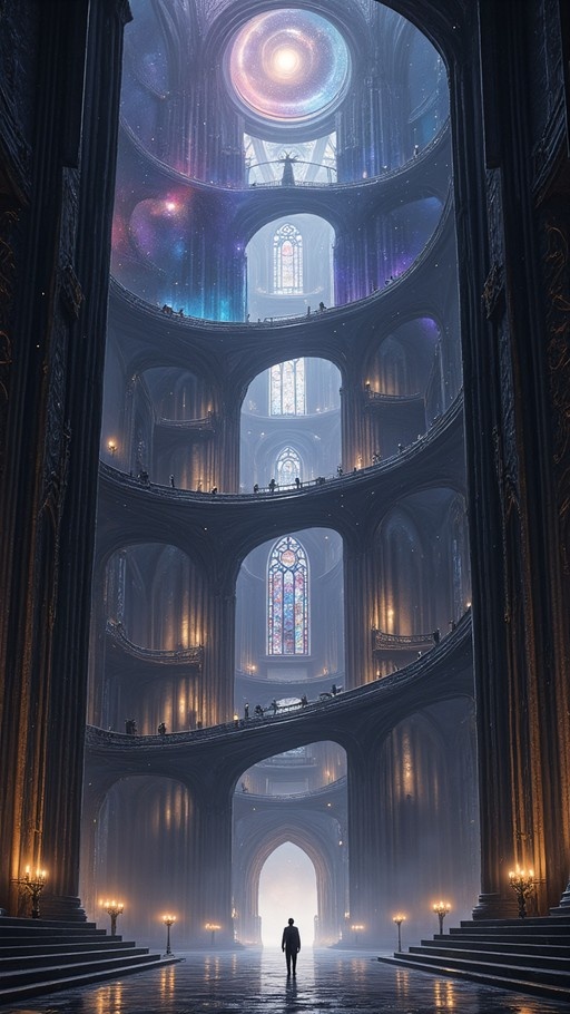 A lone figure stands in the center of a vast, multi-level cathedral with spiral balconies and stained glass windows, looking up at a glowing galaxy visible through the open dome.