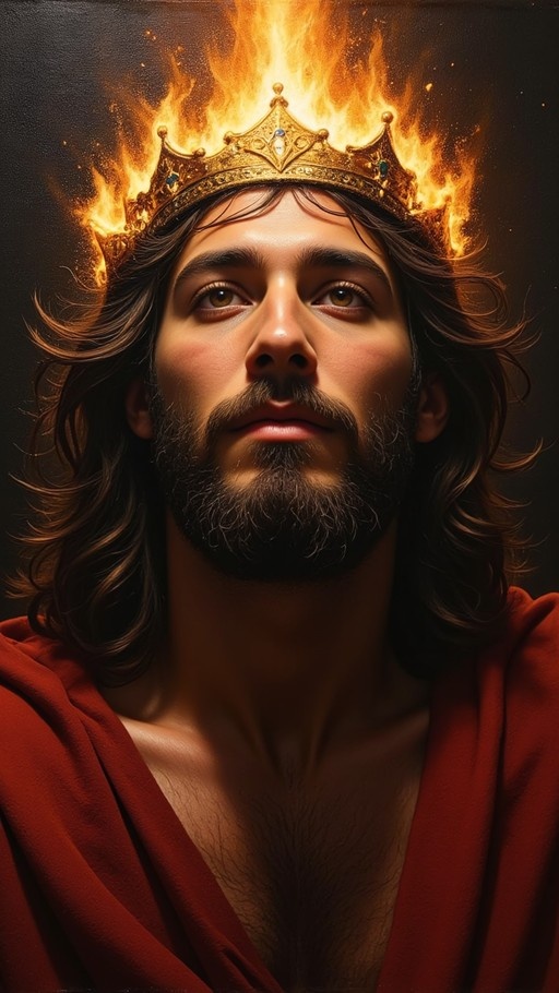 A realistic portrait of a bearded man with long hair wearing a red robe and looking upward at a golden crown engulfed in flames.