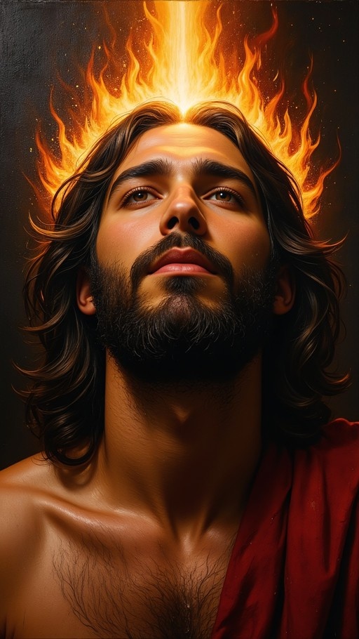 A realistic portrait of a bearded man with long dark hair looking upwards as bright orange flames erupt from the top of his head, wearing a red robe over one shoulder against a dark background.