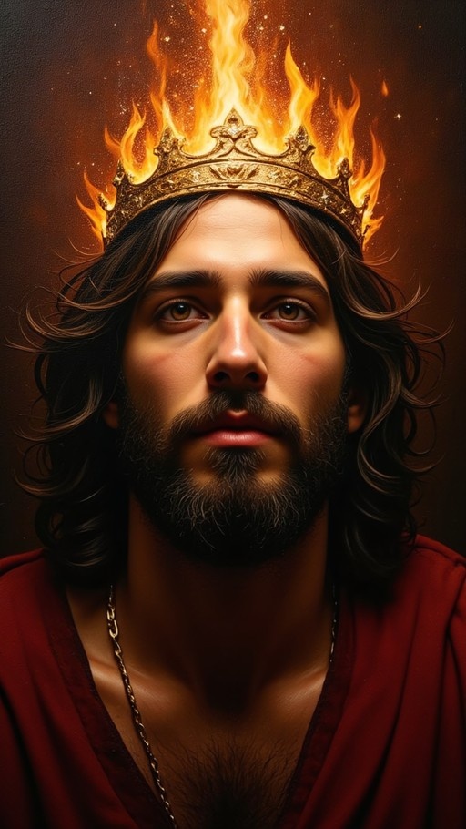 A realistic digital portrait of a bearded man in a red robe wearing an ornate golden crown engulfed in flames.