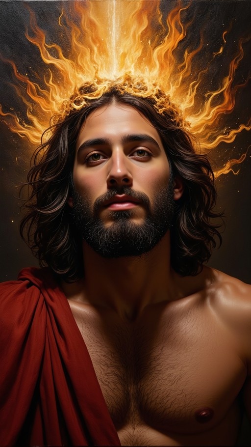 A realistic digital painting of a bearded man with long dark hair wearing a red robe and a crown of fire on his head.