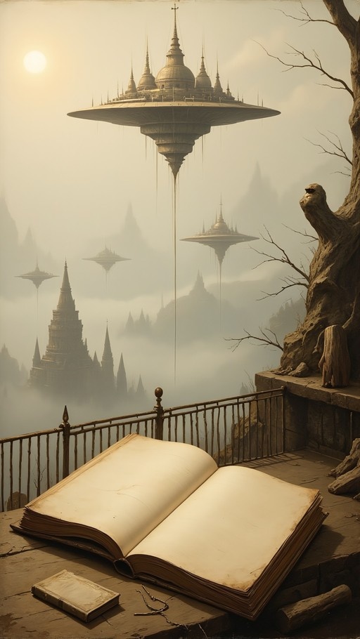 An open book rests on a wooden surface near a railing, overlooking a misty fantasy landscape featuring large floating temples and pagodas under a hazy sky.