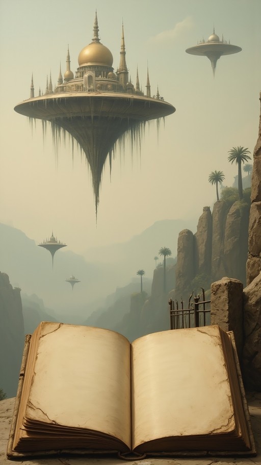 A large open book with blank pages sits in the foreground, looking out over a misty canyon where massive floating islands with golden palaces hover above rocky cliffs and palm trees.