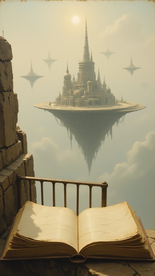 An open book on a stone railing overlooks a large floating island with a castle in a misty sky.