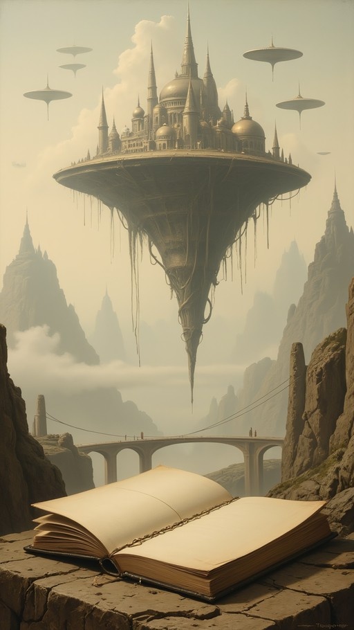 An open book rests on stone in the foreground, framing a view of a suspension bridge and a massive floating island with a castle and flying saucers above misty mountains.