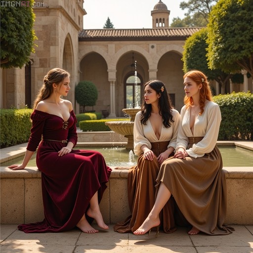 Three barefoot women in historical dresses sitting by a fountain.