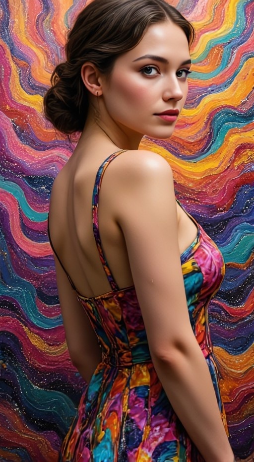Young woman in a multicolored dress looking over her shoulder against a swirling rainbow background.