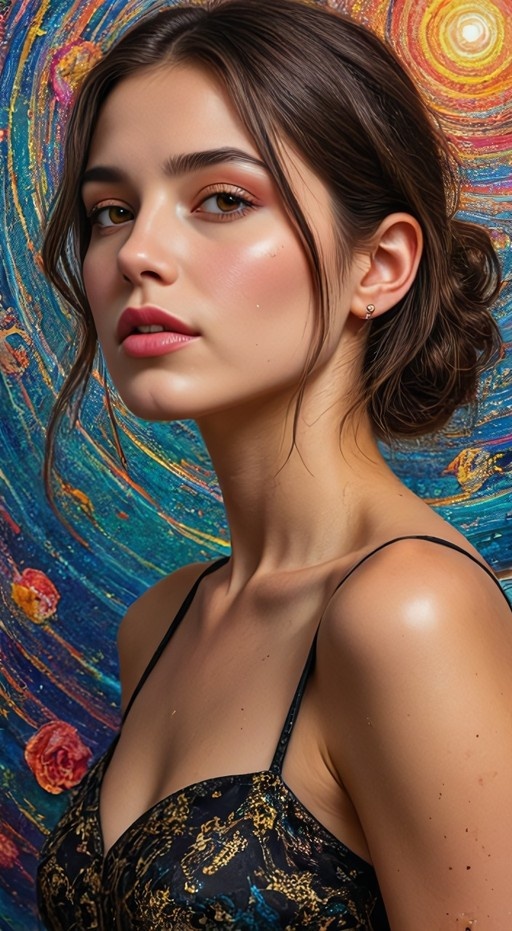 A young woman with brown hair in an updo wearing a black patterned top stands before a colorful swirling background resembling Van Gogh's The Starry Night.
