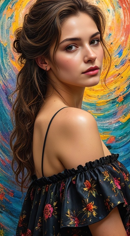 A young woman with long brown hair in a floral off-the-shoulder dress looks back over her shoulder against a colorful swirling background.