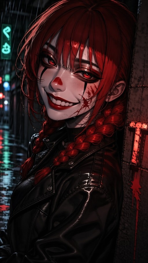Red-haired anime girl with twin braids and clown makeup smiling in a rainy alley at night.