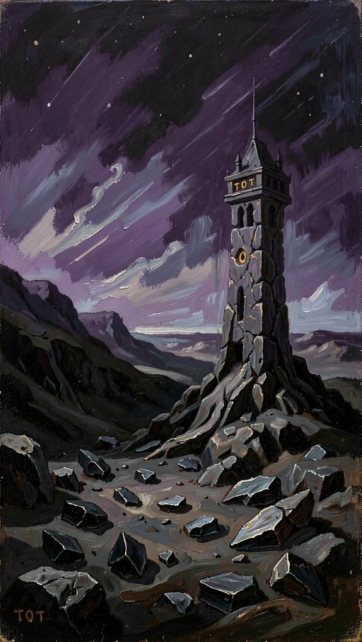 A tall, cracked stone tower stands on a rocky hill under a dramatic purple night sky filled with stars and streaks of light.