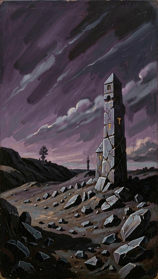 A vertical painting of a tall, cracked stone tower on a rocky hill under a dramatic purple sky with scattered rocks in the foreground.